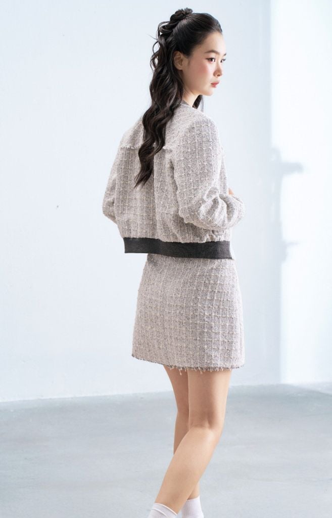 Bomber tweed karo ánh ghi kéo khoá