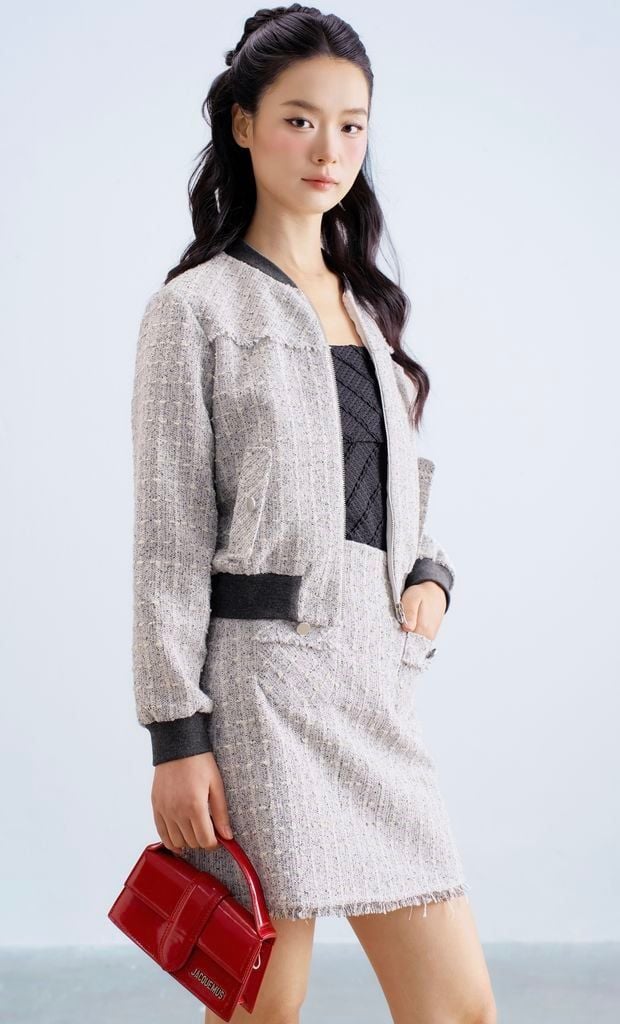 Chân váy A tweed karo ánh ghi