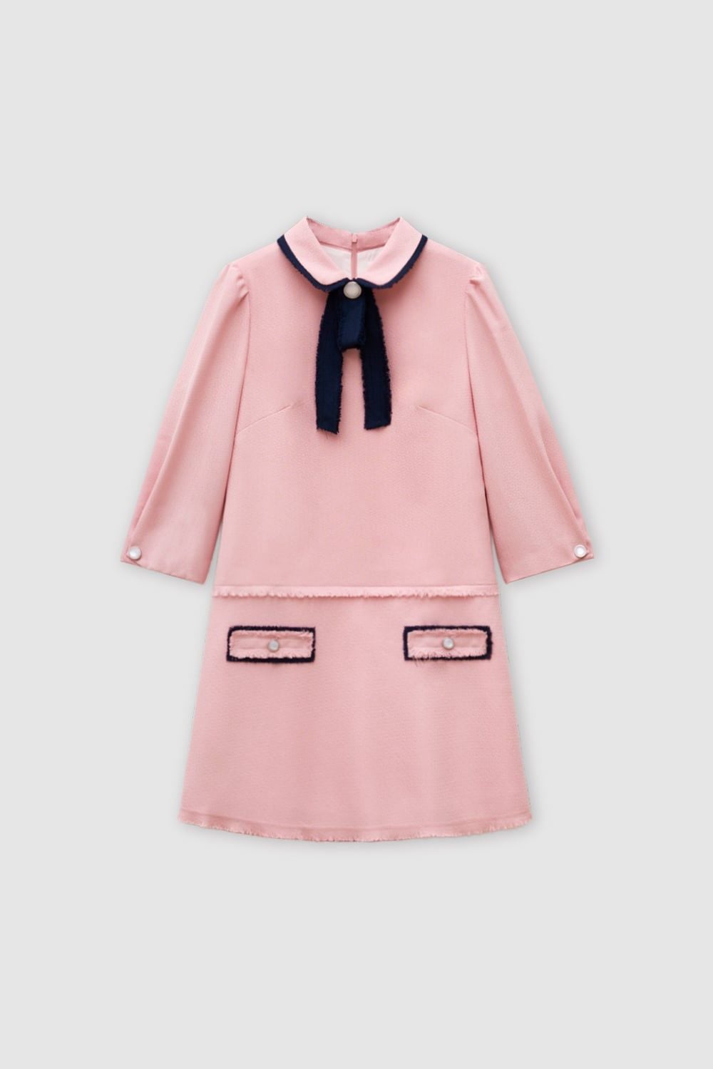  Đầm mini A tech hồng pastel cổ rua đính nơ 