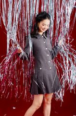  Đầm dạ ghi nhũ xếp ly 