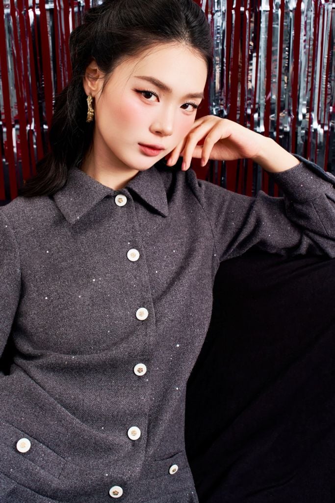 Đầm dạ ghi nhũ xếp ly