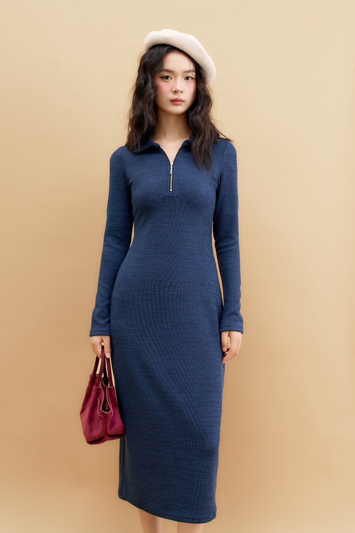 Đầm len navy cổ polo kéo khoá