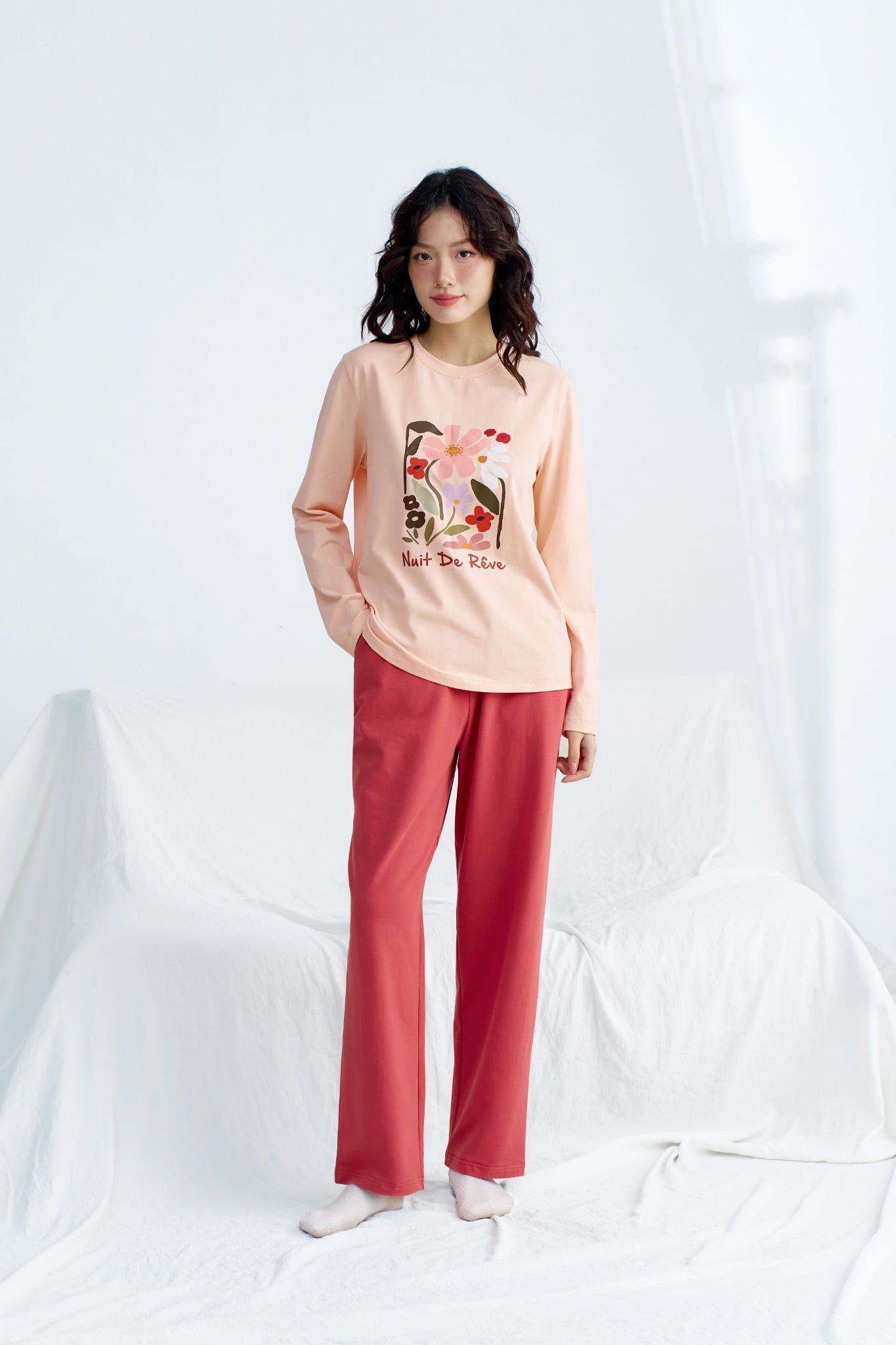 Set home thun dài hồng cam in hoa