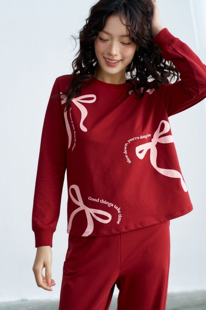 Set home nỉ dài đỏ in nơ