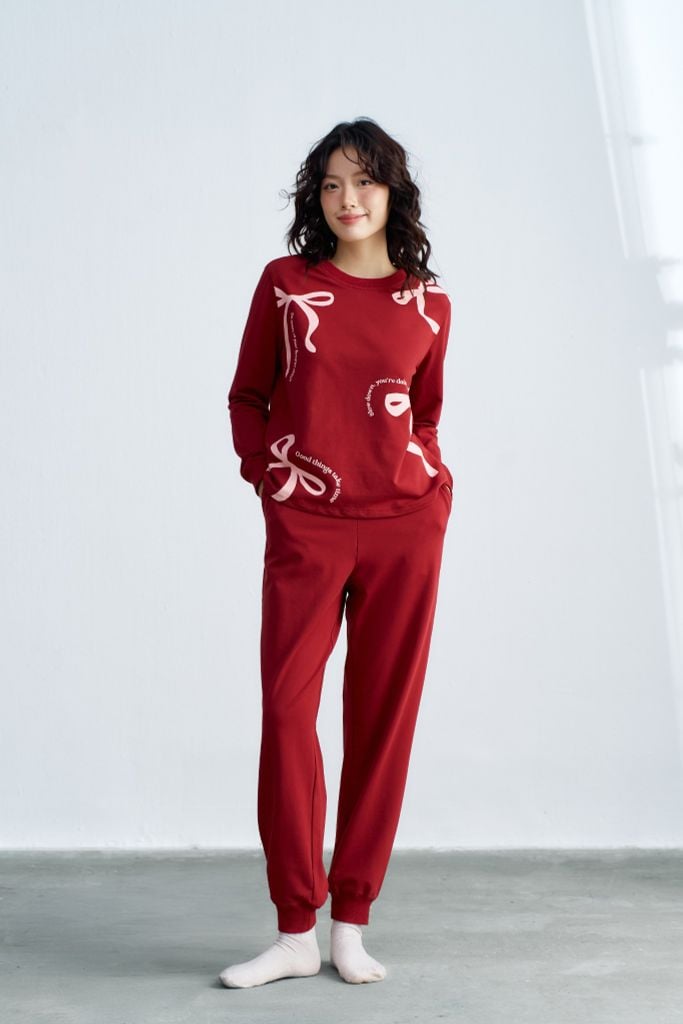 Set home nỉ dài đỏ in nơ