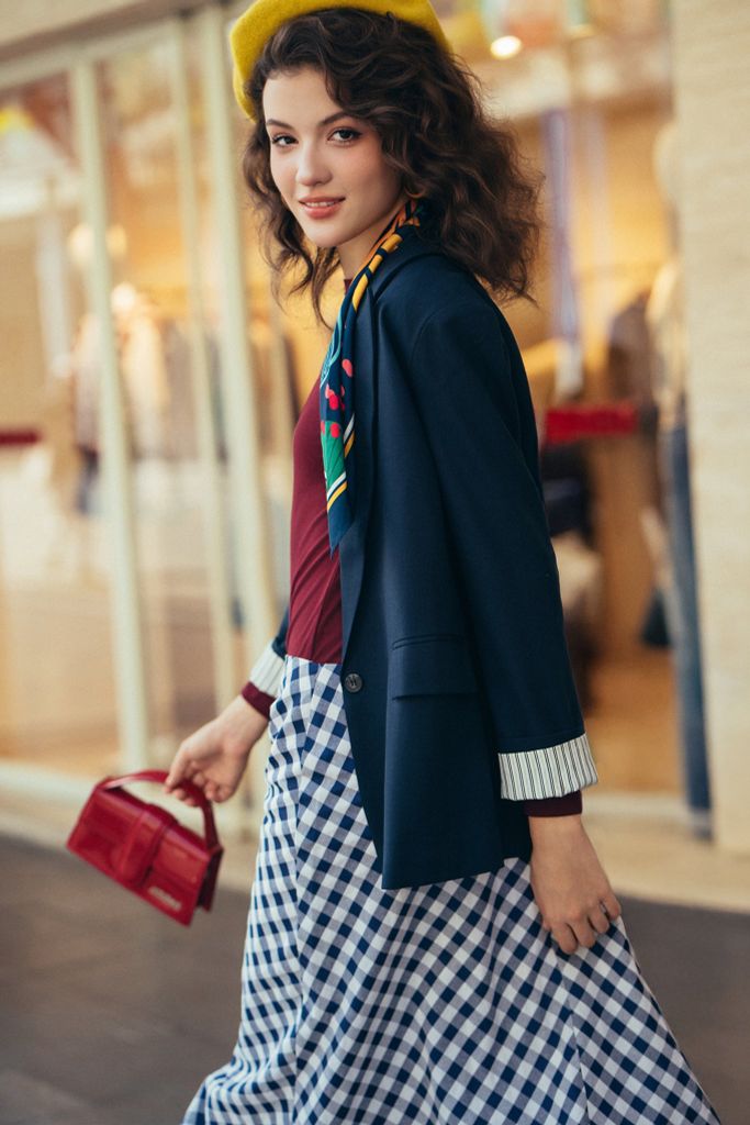 Áo blazer tech navy phối cửa tay