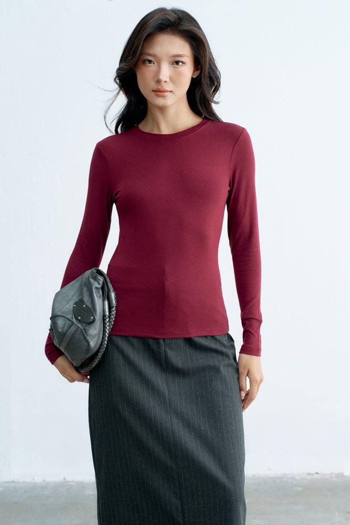 Áo ôm dài tay basic đỏ đô