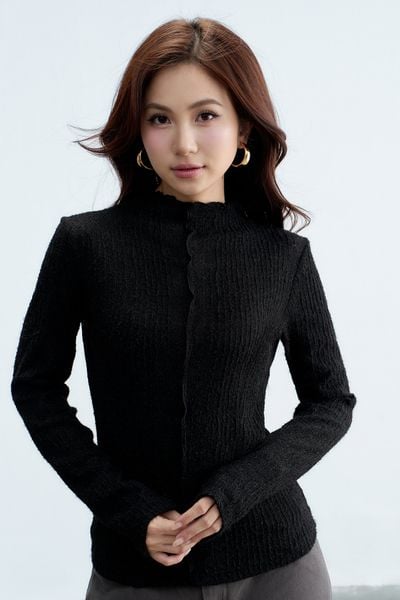 Top dài tay thun lưới đen cổ leo