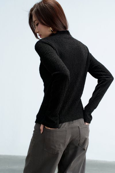 Top dài tay thun lưới đen cổ leo