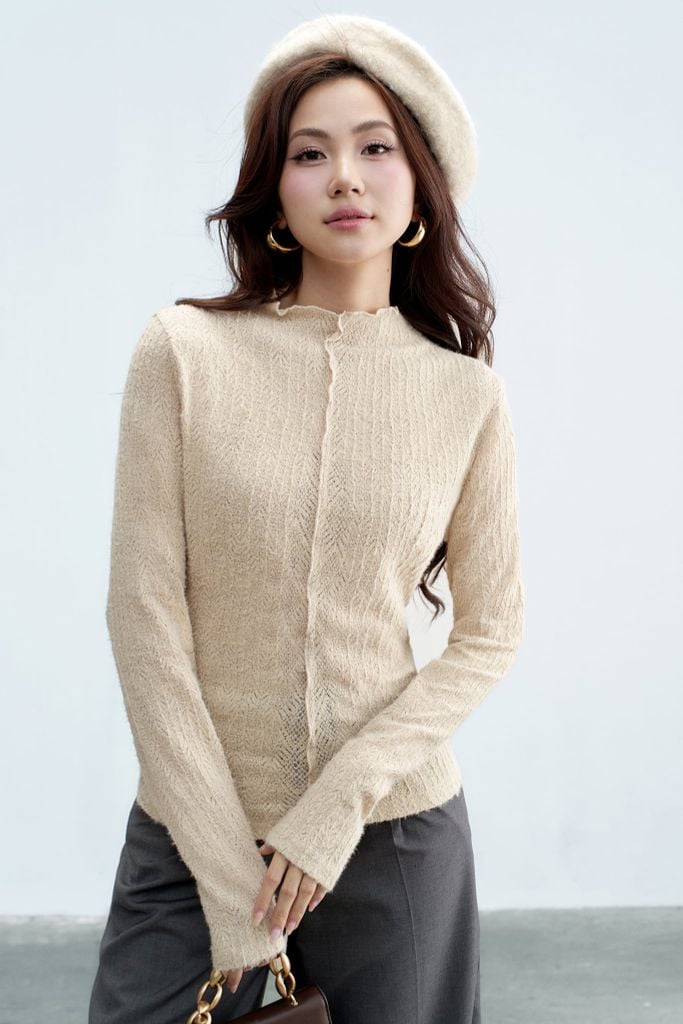 Top dài tay thun lưới nâu camel cổ leo
