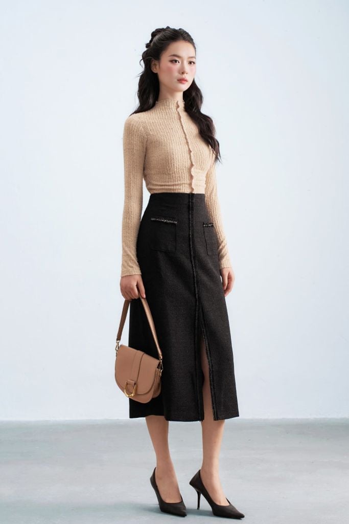 Chân váy tweed đen phối dây trang trí