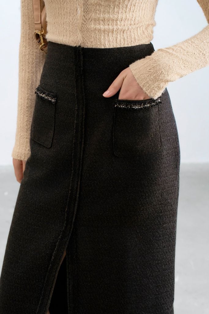 Chân váy tweed đen phối dây trang trí