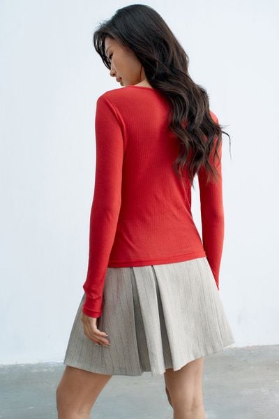 Top thun mỏng đỏ hở lệch vai