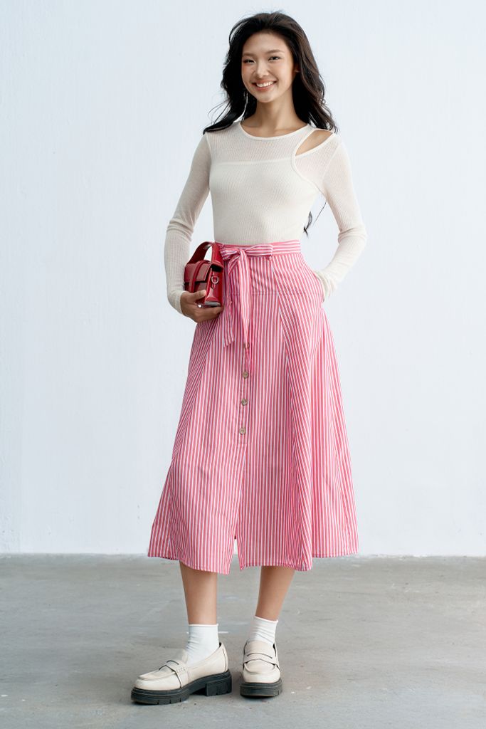 Chân váy midi sọc đỏ buộc dây eo