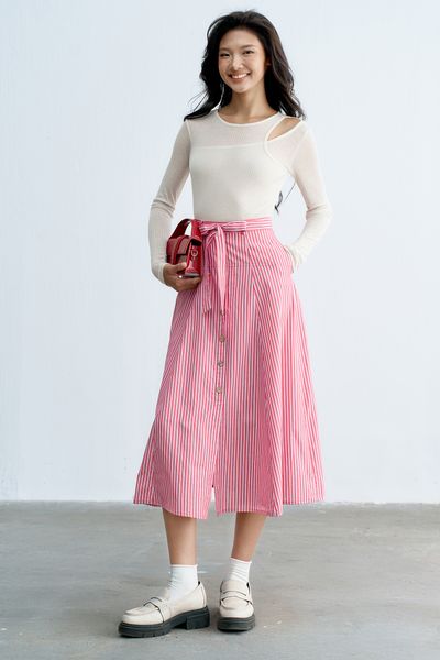 Chân váy midi sọc đỏ buộc dây eo