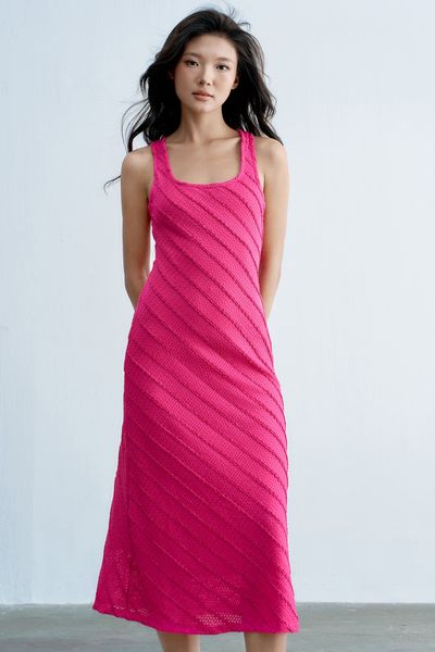 Đầm midi cổ U ren gân hồng đỗ quyên ( Form nhỏ)