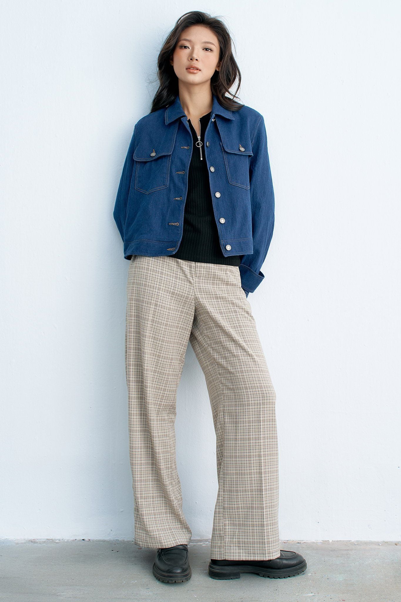 Quần suông houndstooth nâu