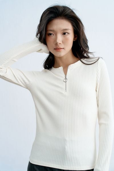 Top len trắng tay dài kéo khoá cổ