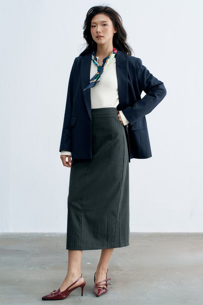 Áo blazer tech navy phối cửa tay