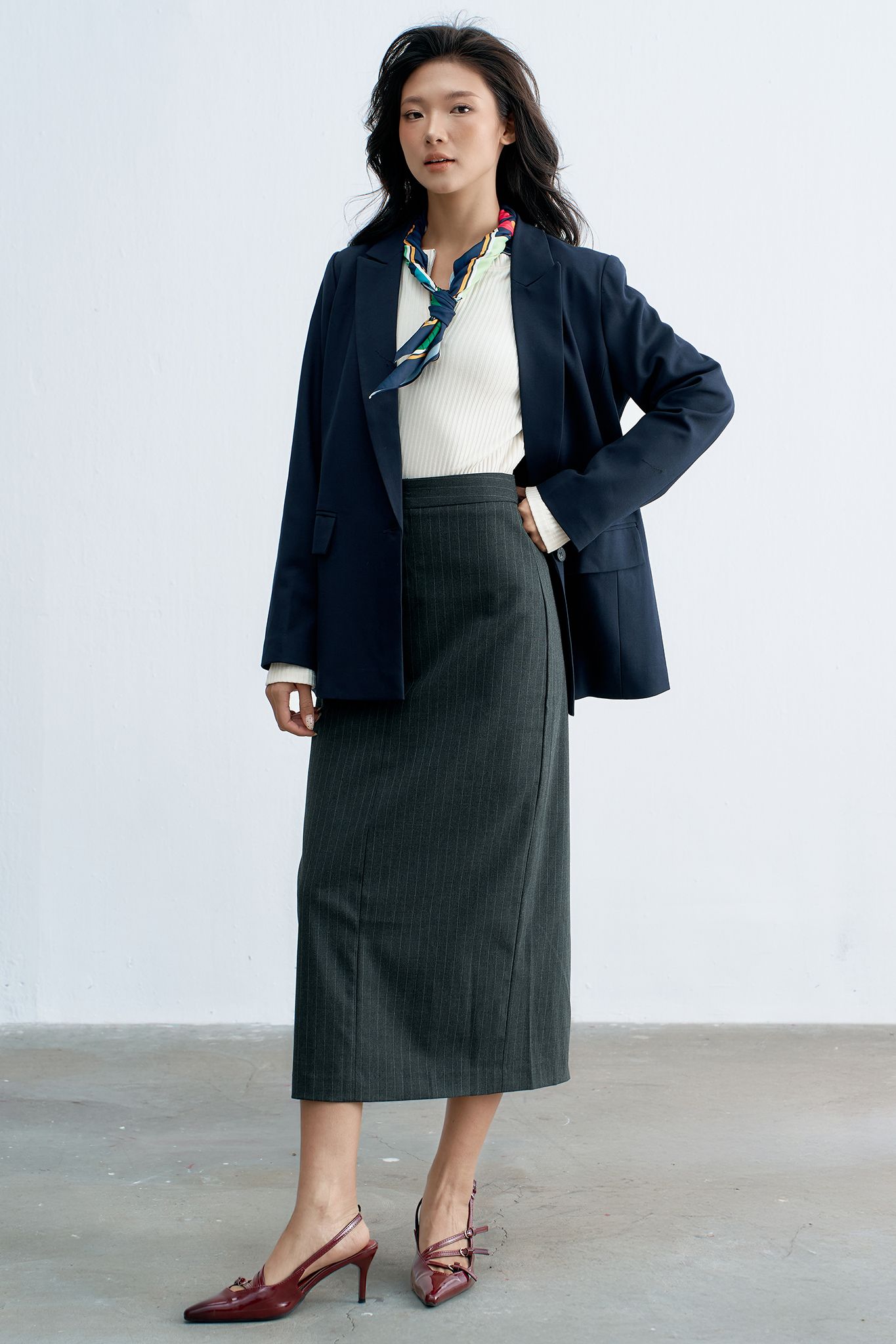 Áo blazer tech navy phối cửa tay