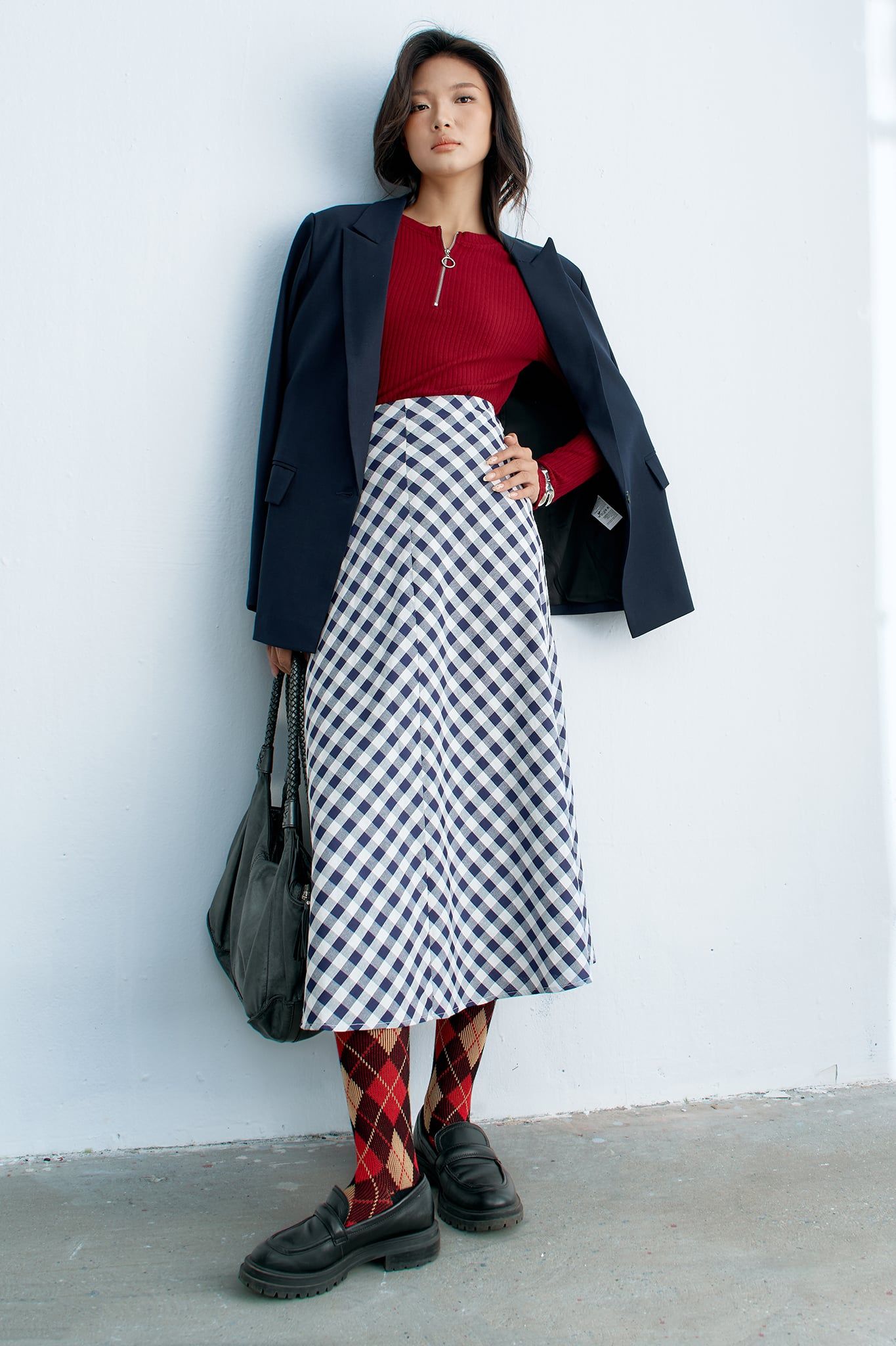 Chân váy midi gingham navi