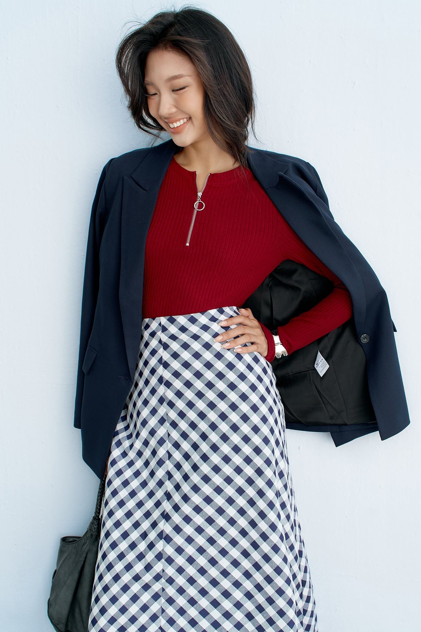 Chân váy midi gingham navi