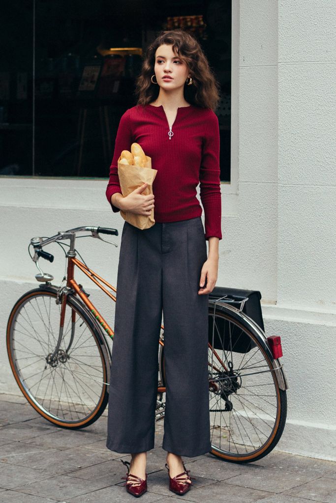 Top len đỏ đô tay dài kéo khoá cổ