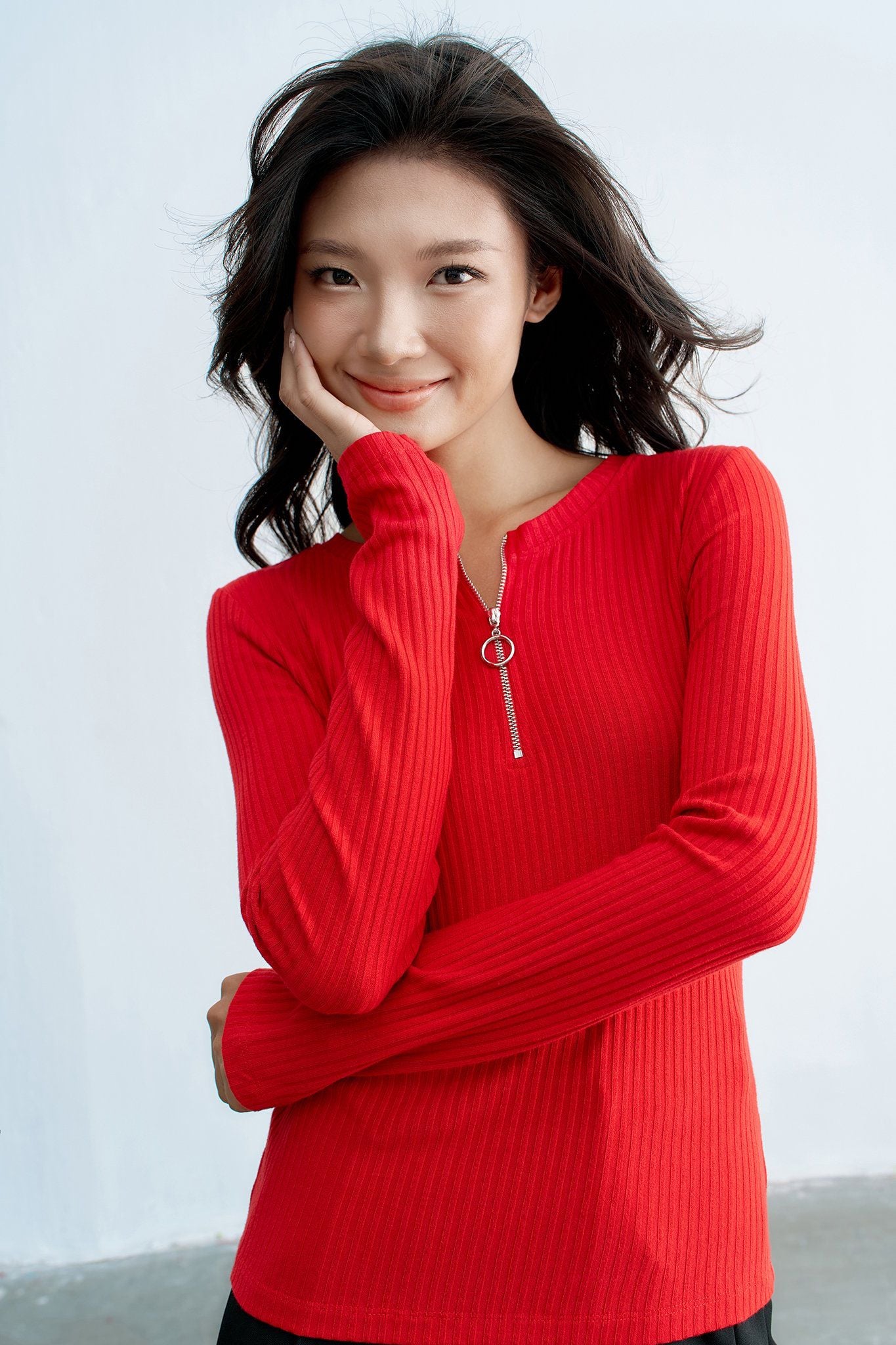 Top len đỏ cam tay dài kéo khoá cổ