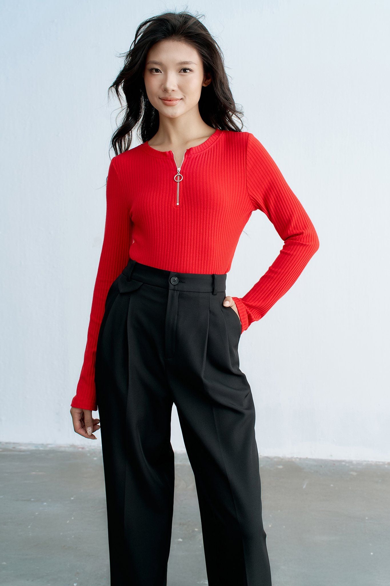 Top len đỏ cam tay dài kéo khoá cổ