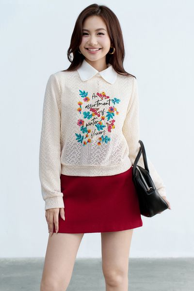 Top len mỏng kem in hoa