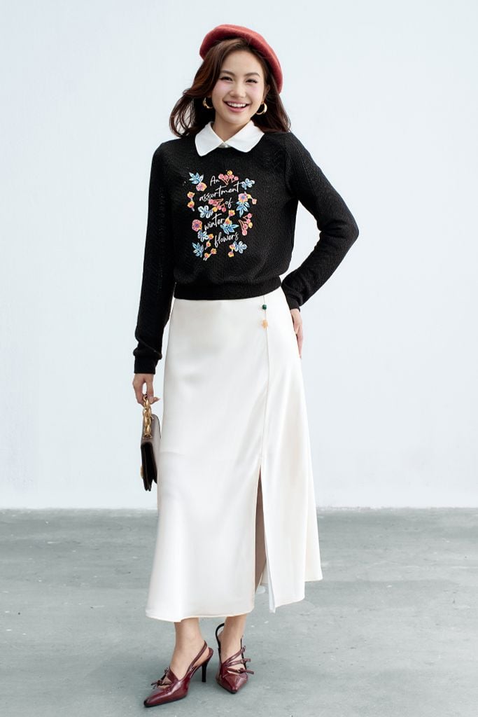 Chân váy midi lụa trắng kem đính đá random