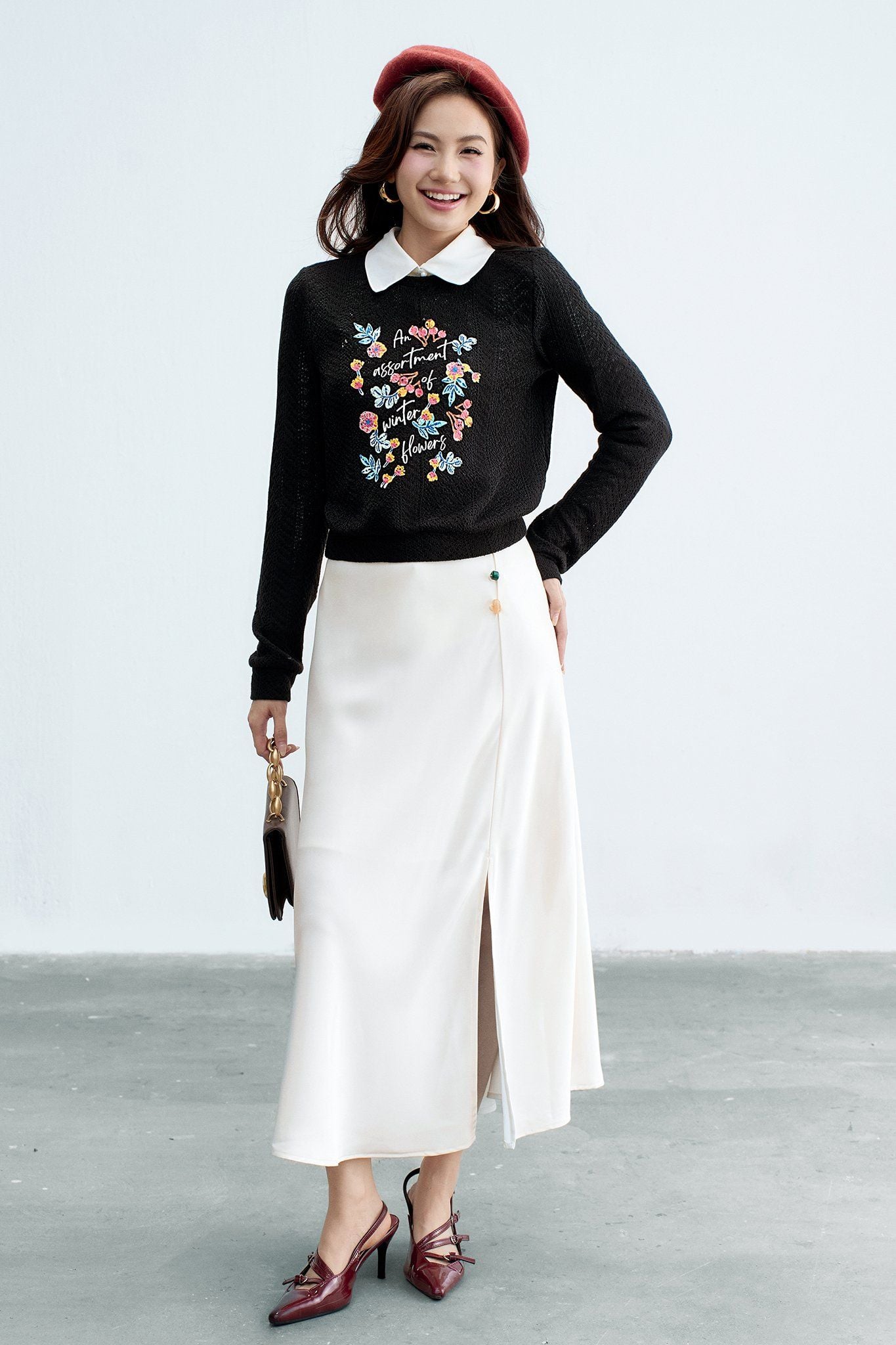 Chân váy midi lụa trắng kem đính đá random