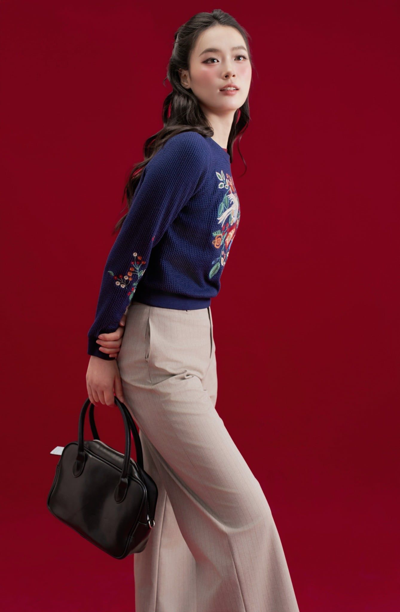 Quần ống rộng sọc be ghi