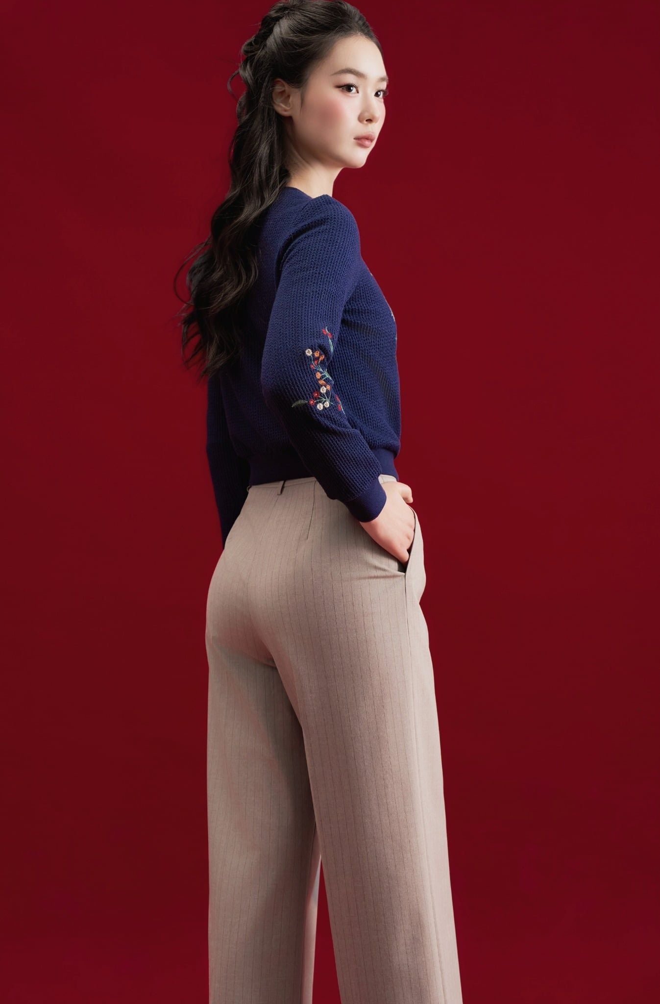 Quần ống rộng sọc be ghi