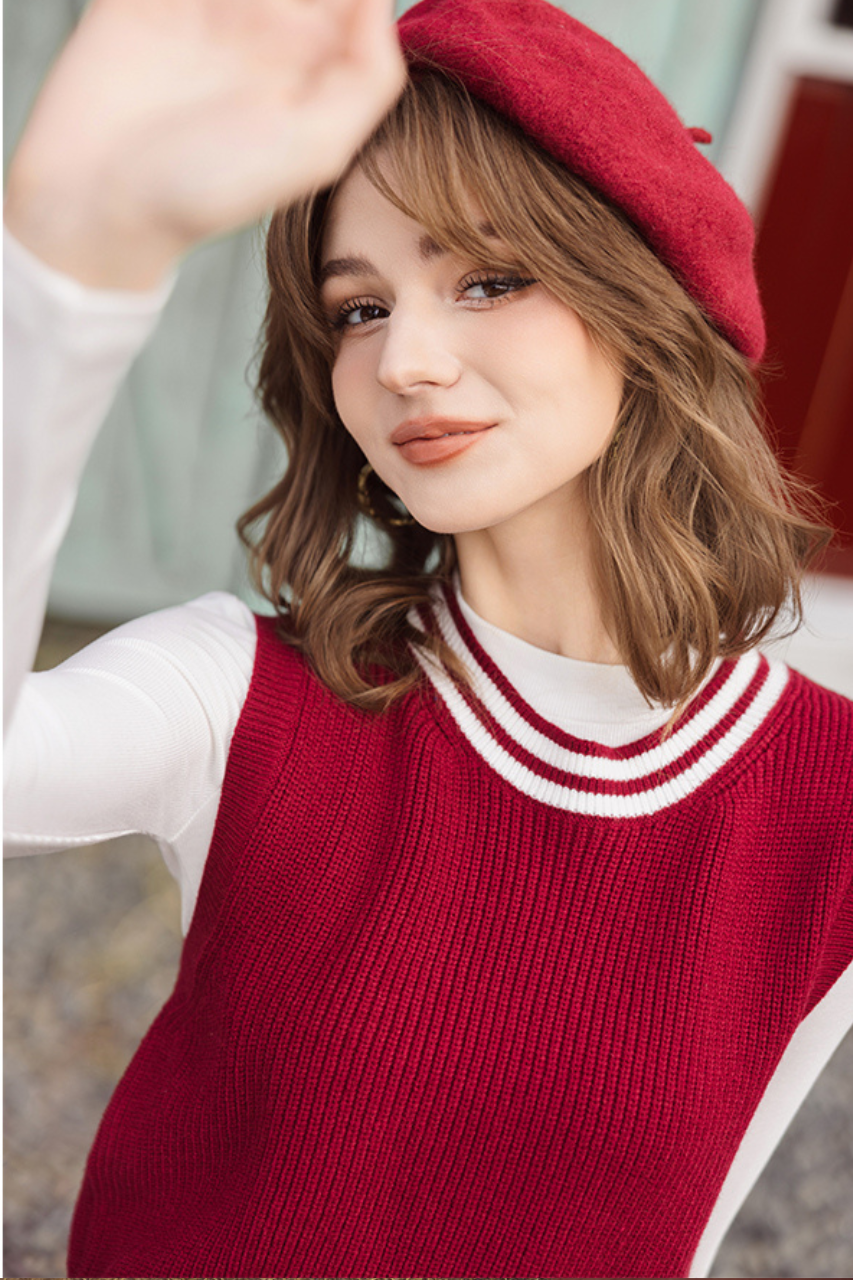 Áo gile len cổ tròn đỏ đô phối trắng