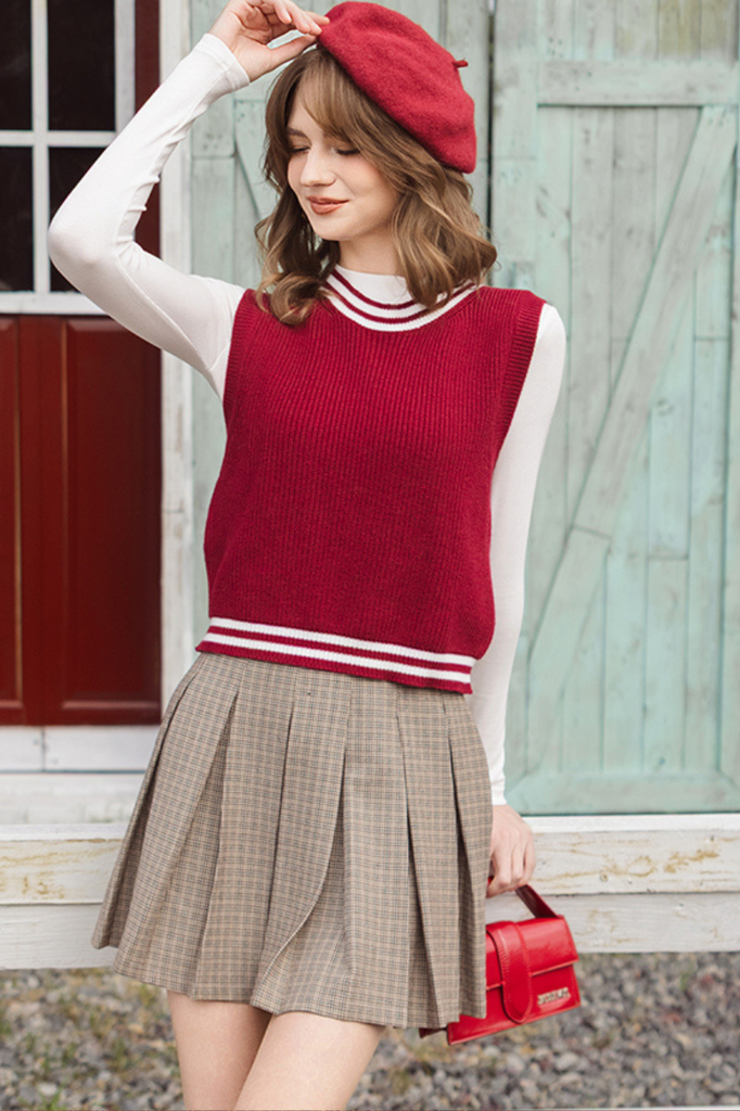 Áo gile len cổ tròn đỏ đô phối trắng