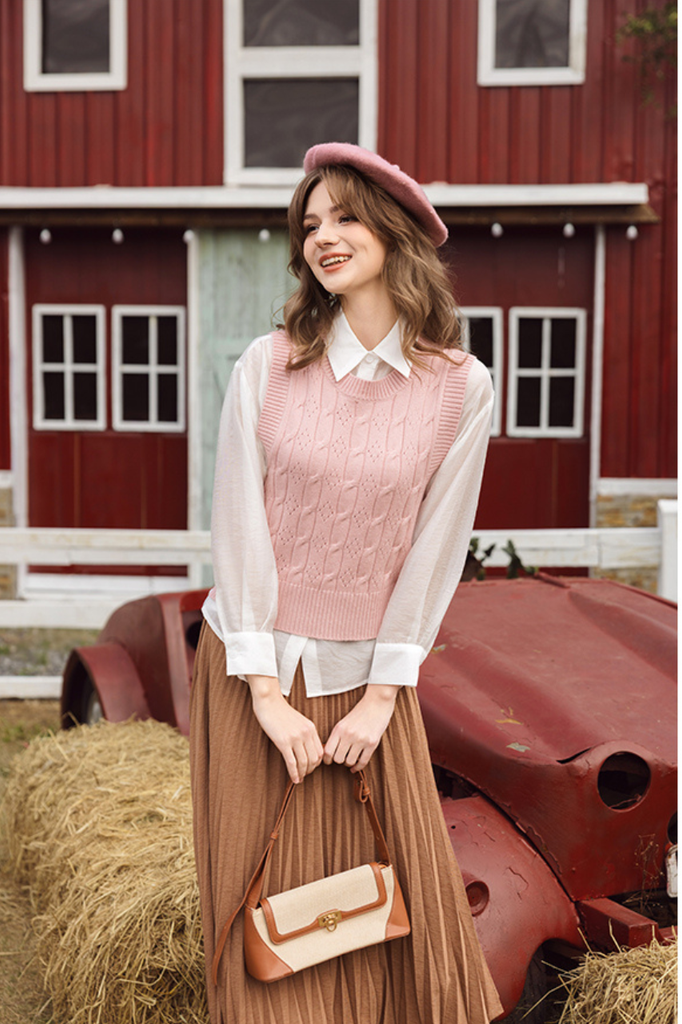 Áo gile len vặn thừng hồng kem