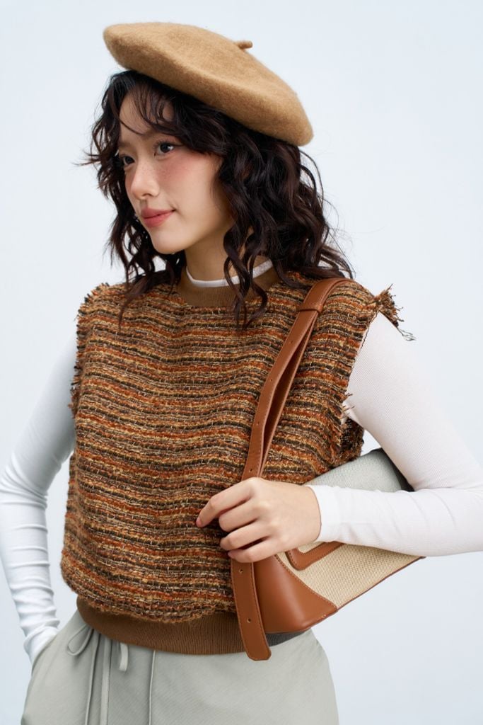 Áo gile tweed sợi mix nâu cam