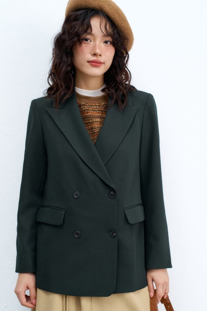 512BL1006 - Blazer 2 hàng khuy basic màu rêu đá