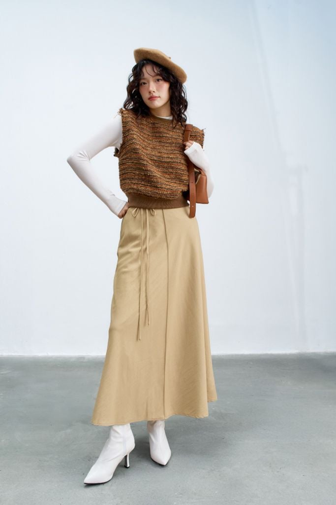 Áo gile tweed sợi mix nâu cam