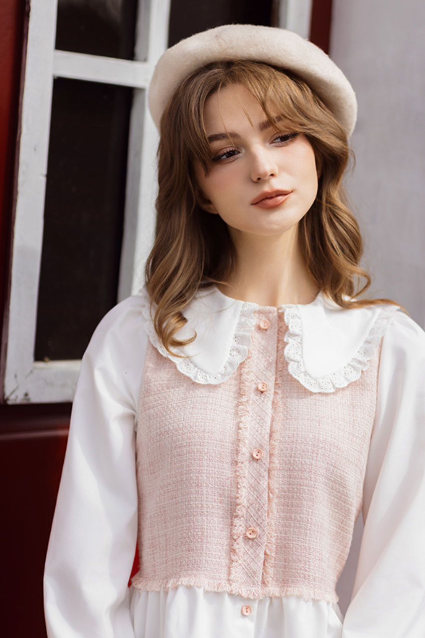 Sơ mi tech hồng nhạt phối cổ Peter pan