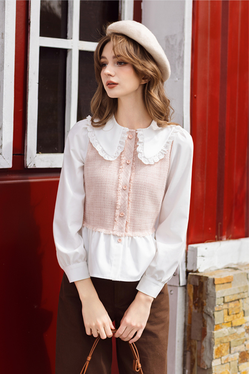 Sơ mi tech hồng nhạt phối cổ Peter pan