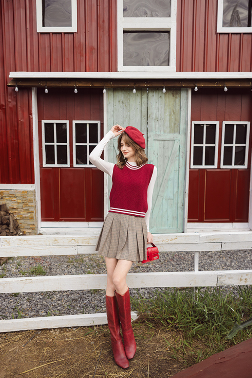 Chân váy mini xếp ly houndstooth nâu