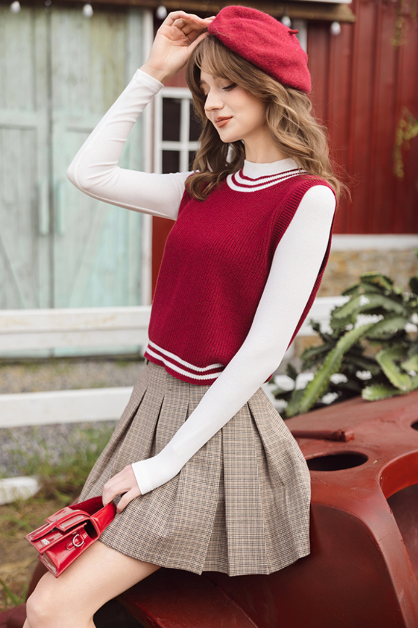 Chân váy mini xếp ly houndstooth nâu