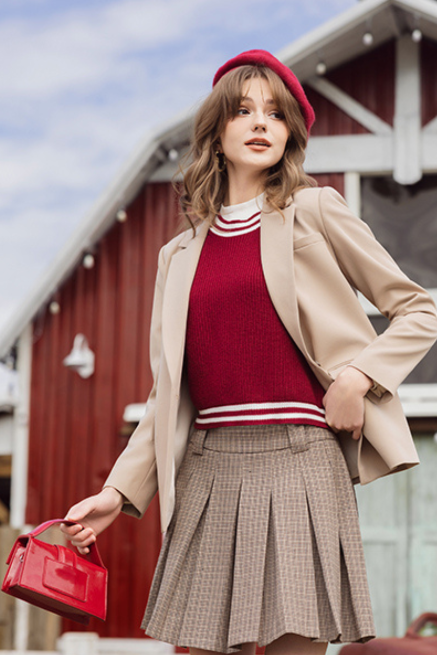 Chân váy mini xếp ly houndstooth nâu