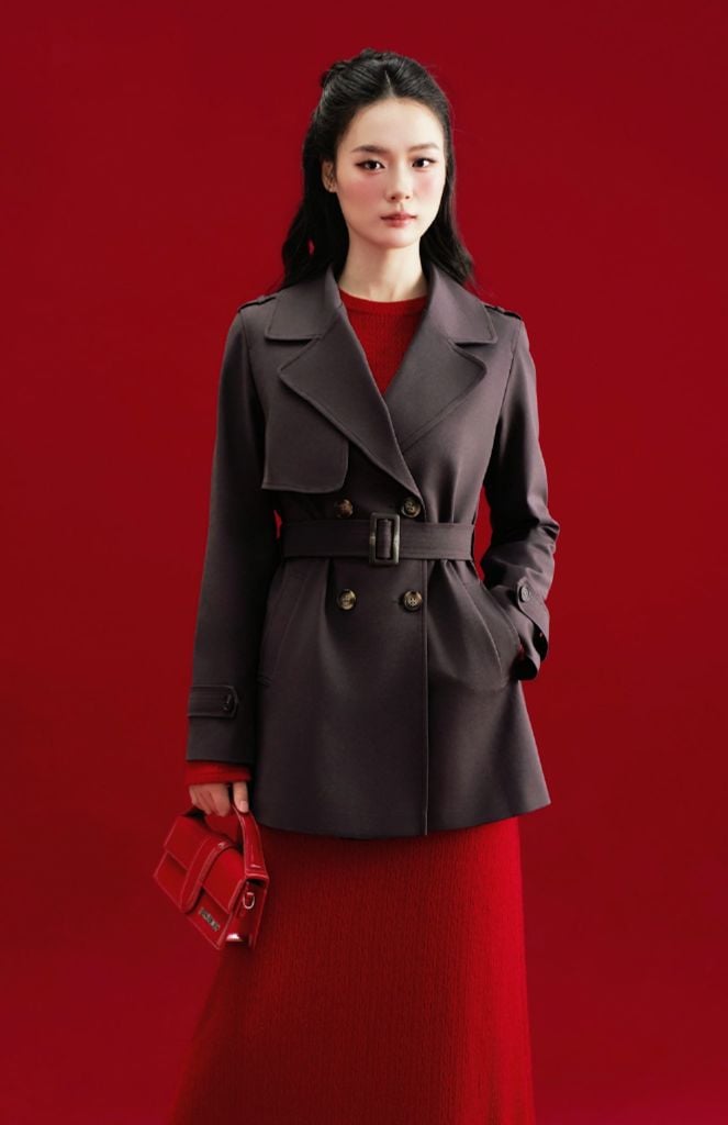 Áo trench coat lửng khaki ghi đậm