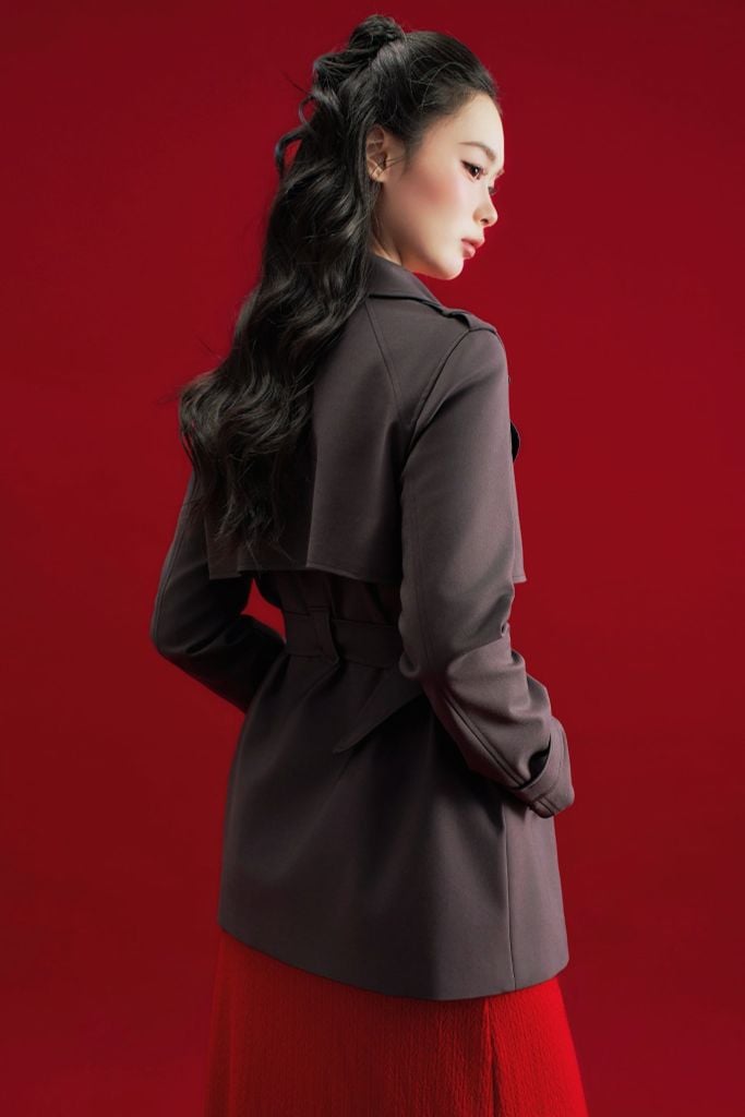 Áo trench coat lửng khaki ghi đậm