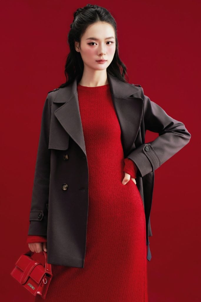 Áo trench coat lửng khaki ghi đậm