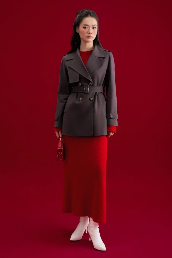 Áo trench coat lửng khaki ghi đậm