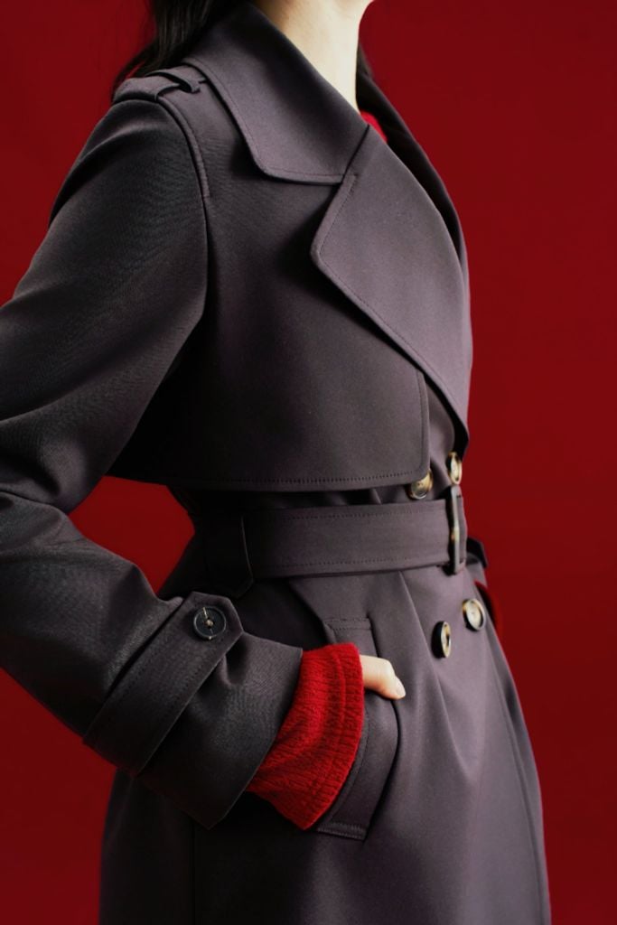 Áo trench coat lửng khaki ghi đậm